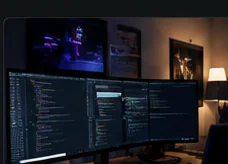 Werkplek met code en schermen
