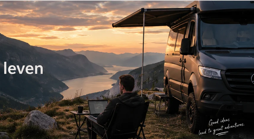 Buiten werken naast een camper